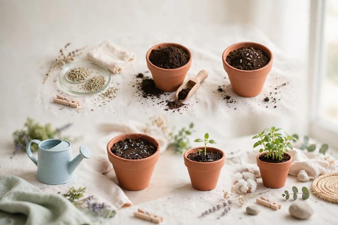 Vasos de plástico con lechuga, acelga y orégano en balcón de apartamento