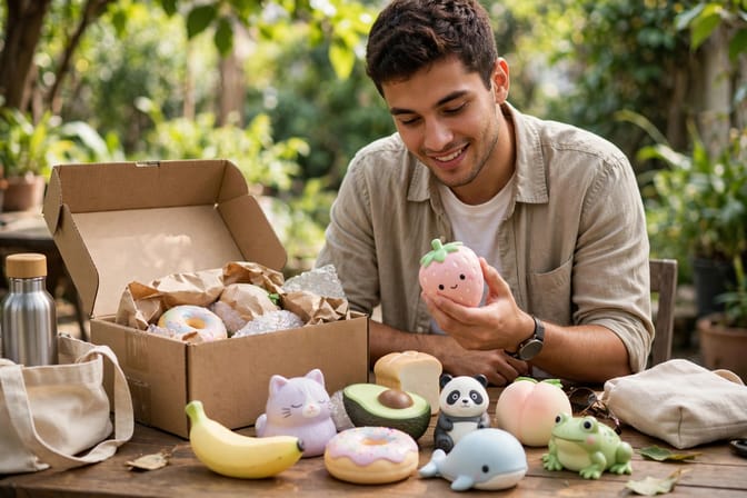 Squishy sur une table avec étiquettes de prix