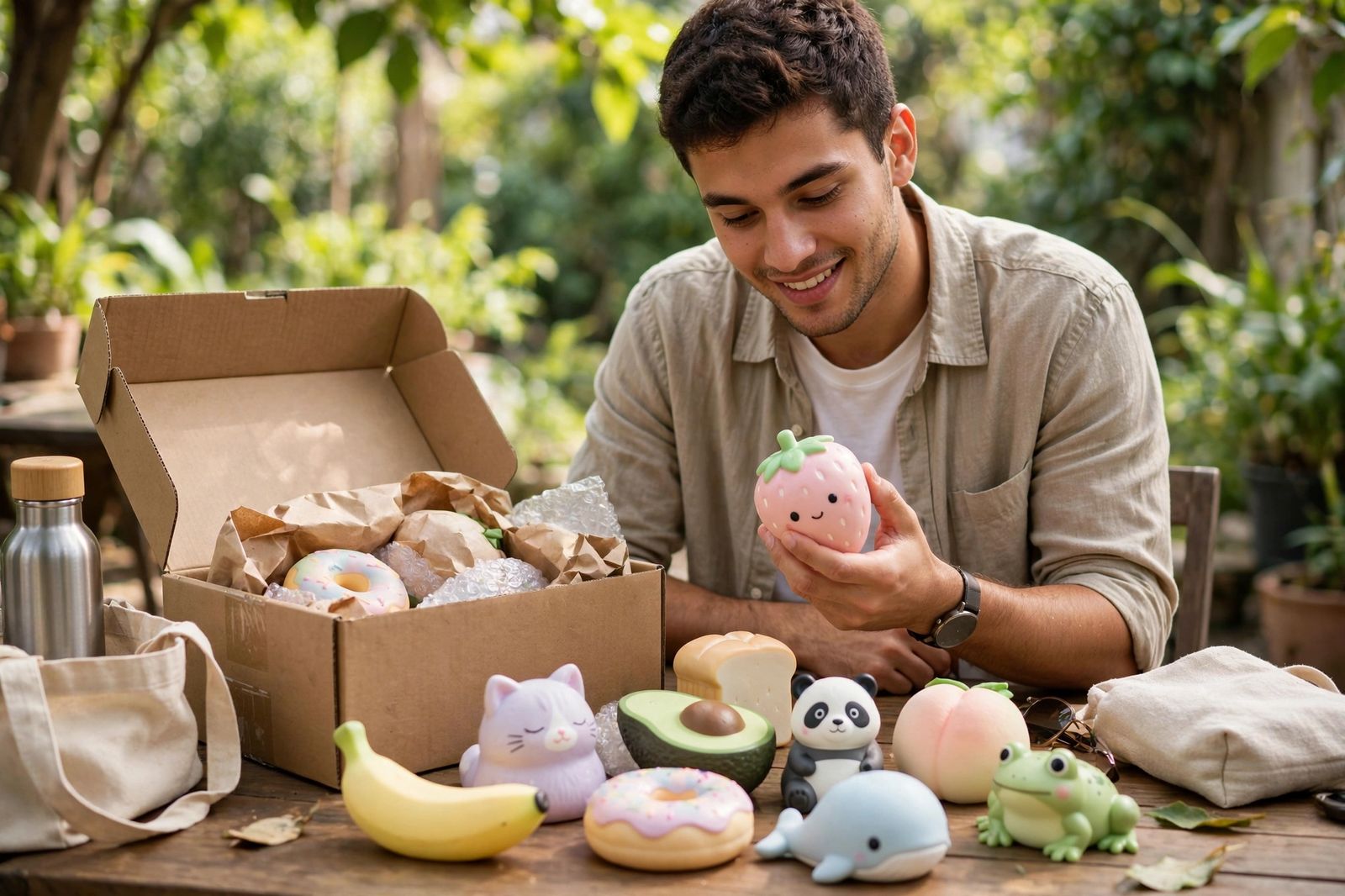 Squishy em mesa com etiquetas de preço.