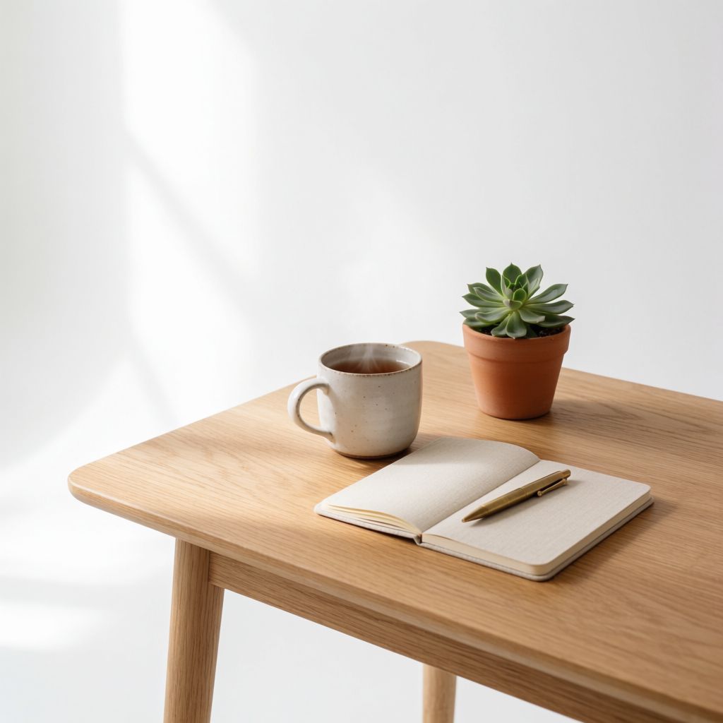 Mesa transformada em espaço acolhedor com decorações simples.