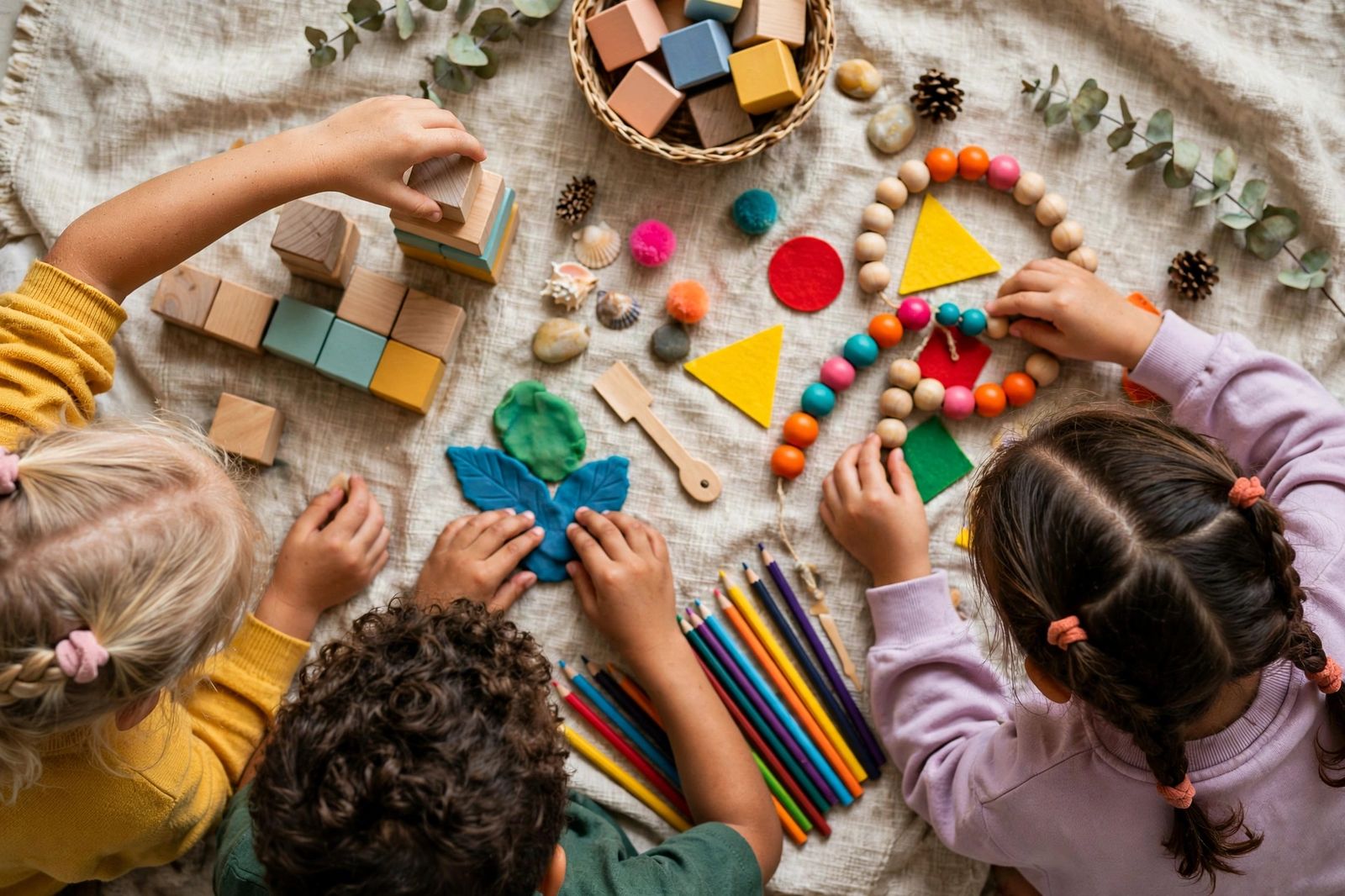 Child playing with puzzle and father reading book