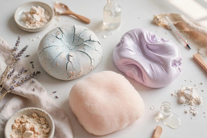 Hand, die einen selbstgemachten Squishy aus Schaumstoff auf einem Basteltisch mit Kleber und Pinsel drückt.