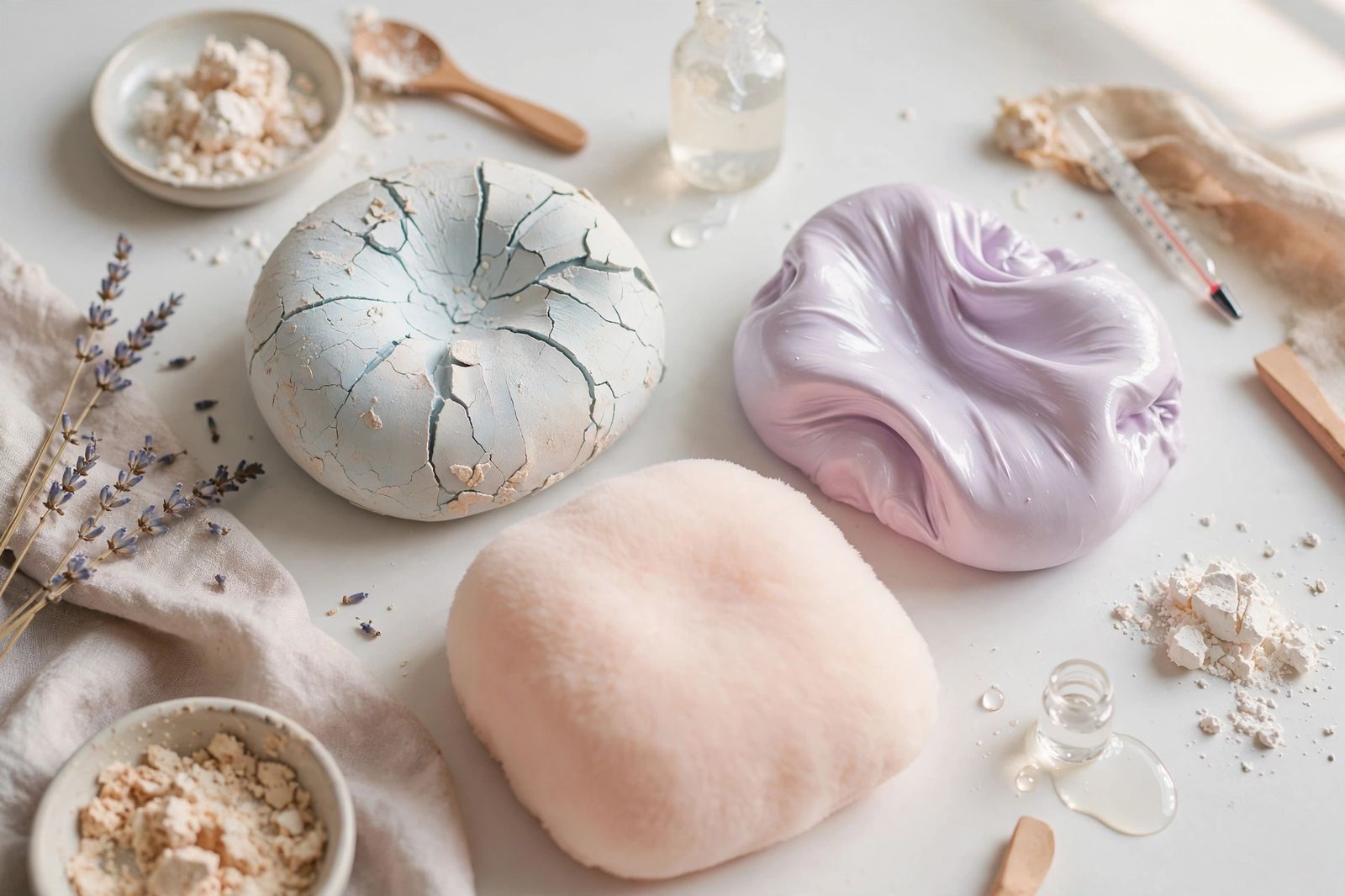 Hand squeezing a homemade foam squishy on a craft table with glue and brush.