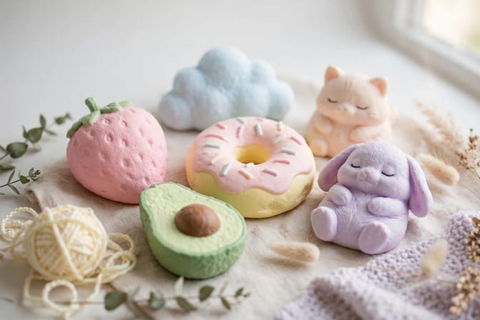 Squishies de couleurs différentes étant vendus dans un marché de foire