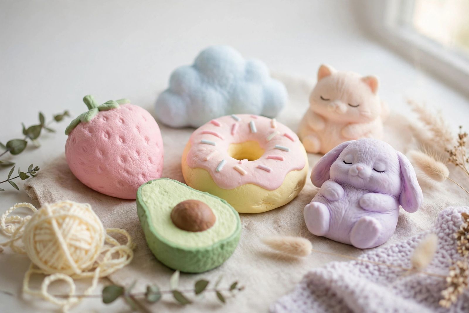 Squishies em cores diferentes sendo vendidos em um mercado de feira.