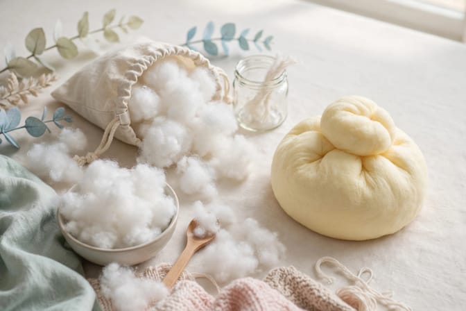Mão apertando squishy caseiro de espuma branca sobre mesa de madeira, com pedaço de espuma ao lado.