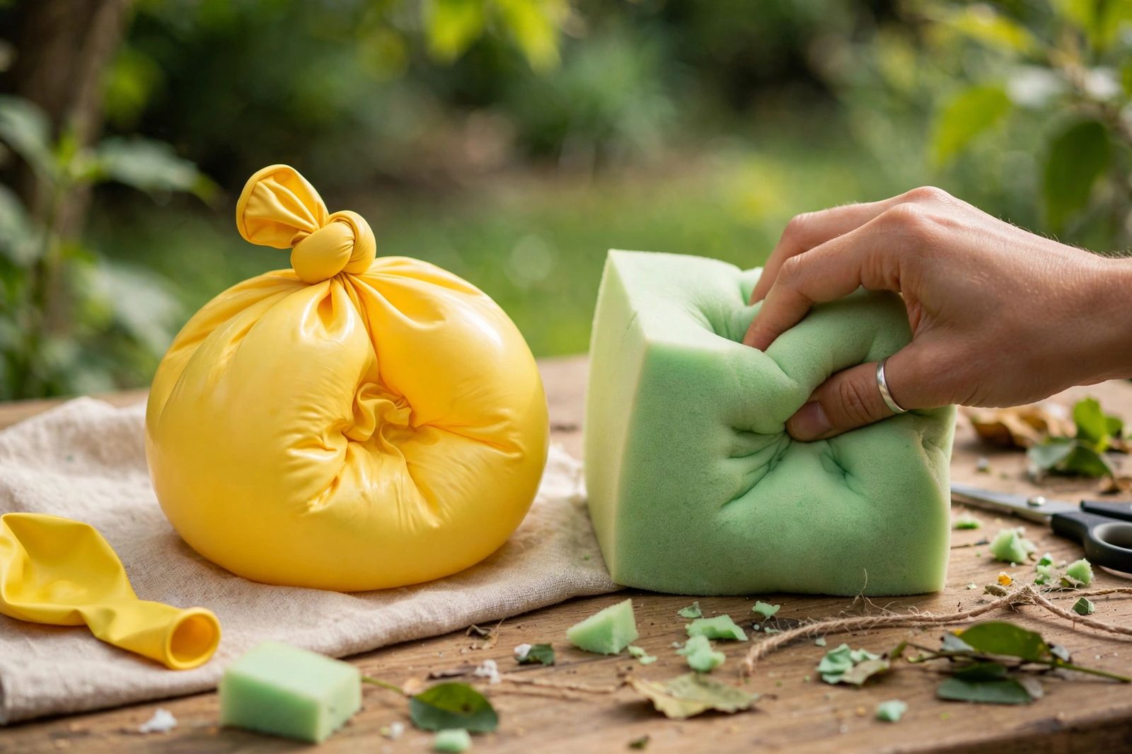 Mão apertando um squishy de balão ao lado de um squishy de espuma sobre mesa de artesanato.