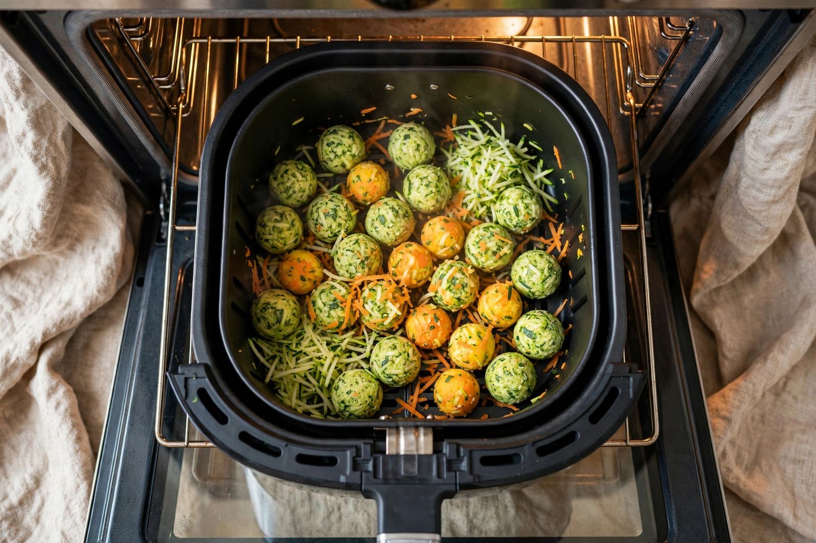 Bolinitos de verduras Bolinitos de verduras ralladas con huevo y harina, asados en la AirFryer