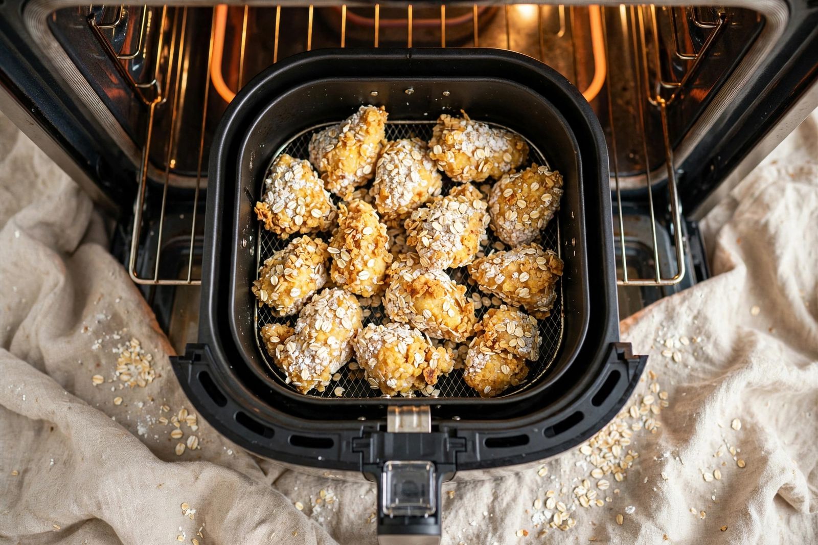 Pollo empanizado Pedaços de frango empanados com farinha de aveia na AirFryer