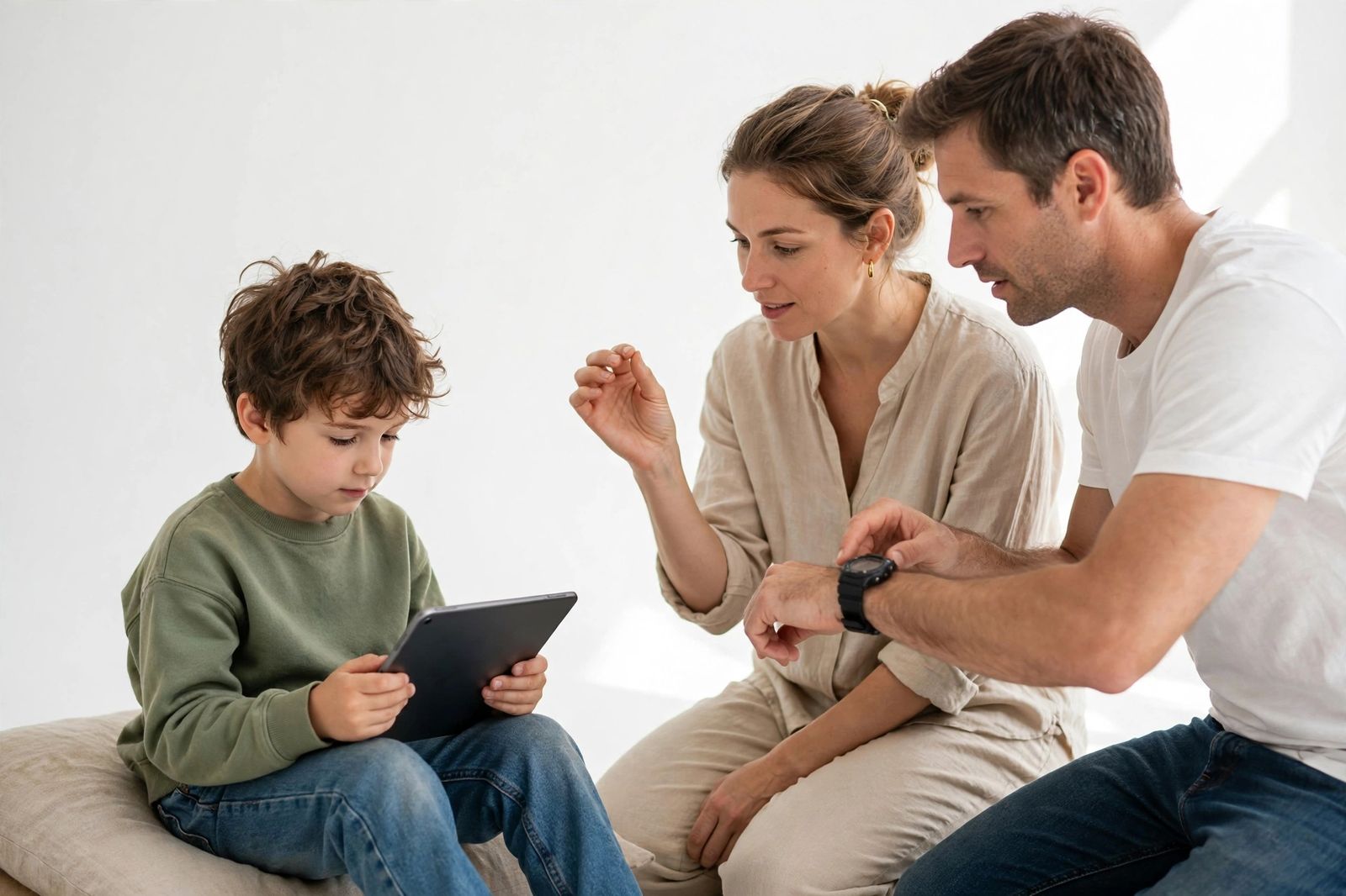 Bestimmte Zeiten für den Gebrauch von Bildschirmen Junge nutzt Tablet zu Hause, mit Eltern, die die Zeit festlegen