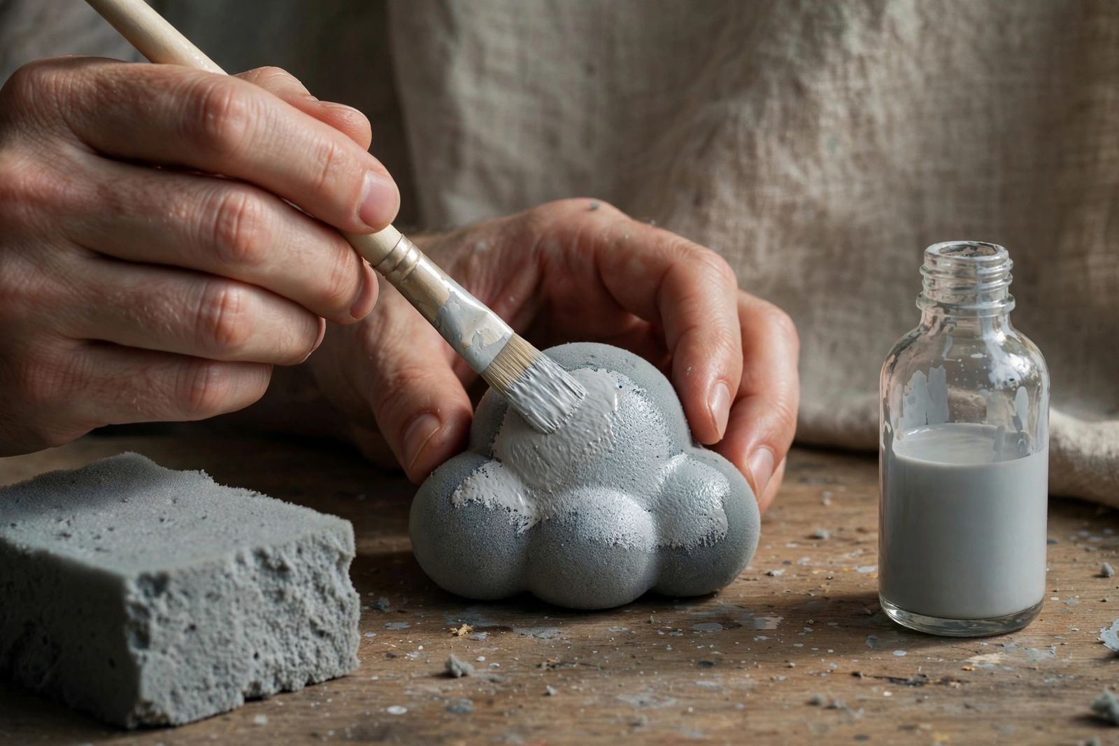 Pintando squishy casero manos pintando un squishy casero con pincel y pintura acrílica diluida, espuma D33 gris sobre mesa