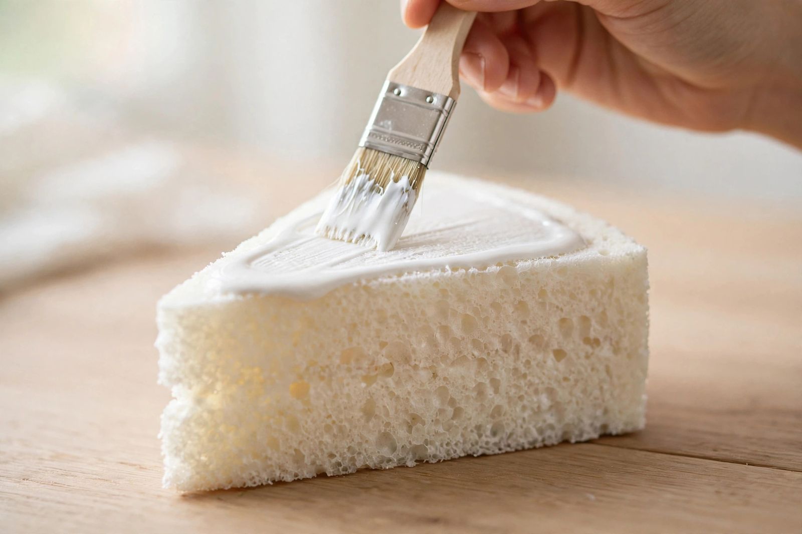 Applying glue to a homemade squishy Polyurethane foam cut into a cake slice shape with a brush applying diluted white glue on the surface