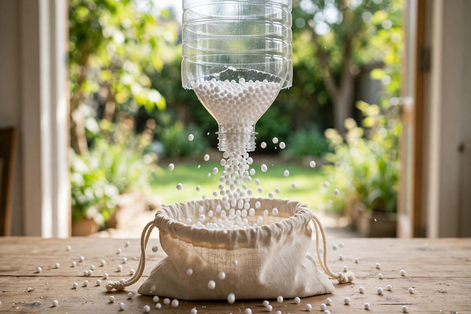 Enchendo squishy com pellets Grânulos de poliestireno branco sendo despejados em funil de garrafa pet sobre capa de tecido