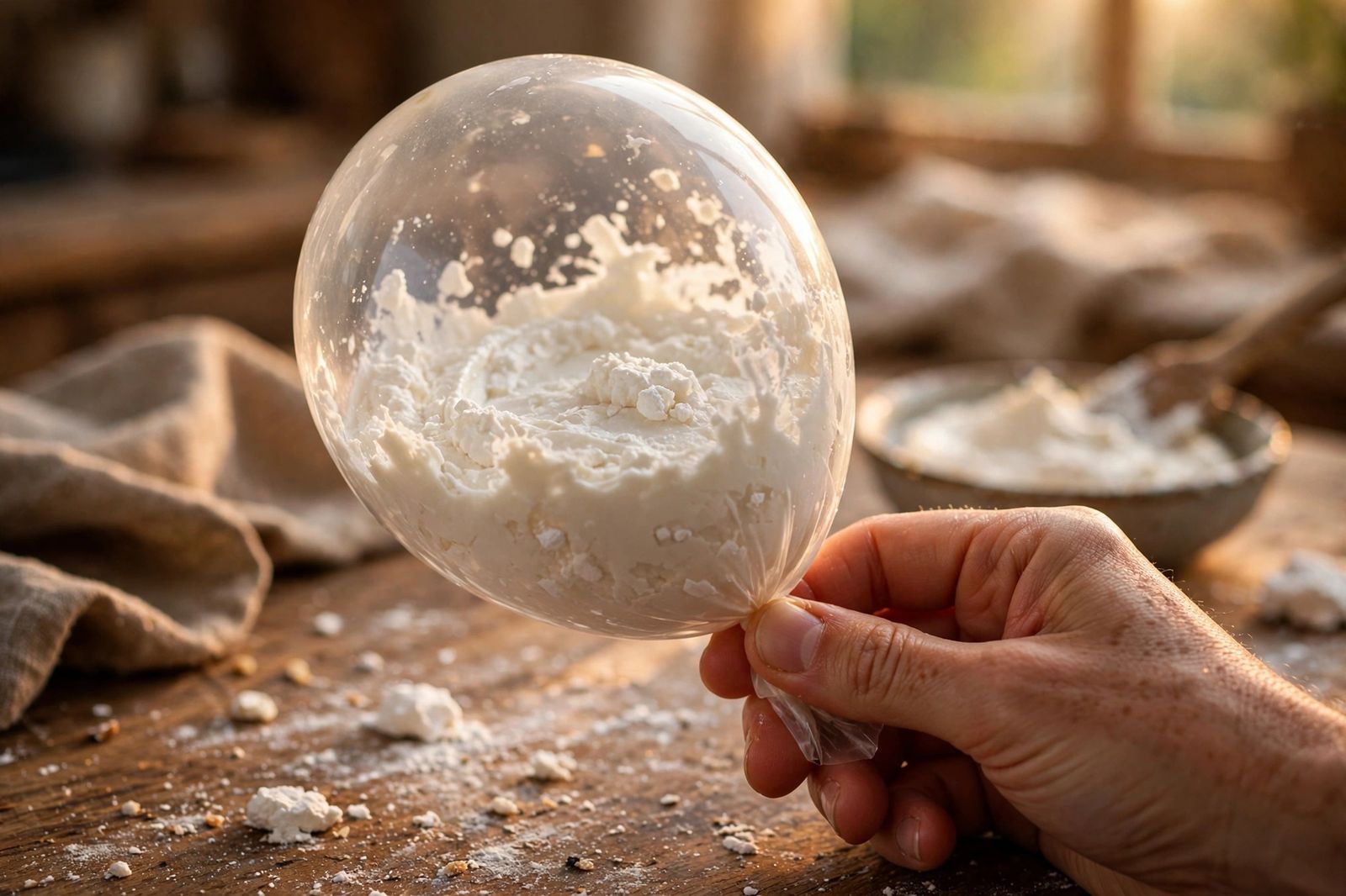 Mão segurando balão branco transparente com massinha de cola e amido de milho no interior, sobre mesa de cozinha